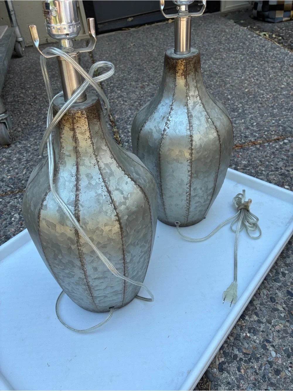 rustic table lamps feature galvanized metal bodies w/distinctive textured finish